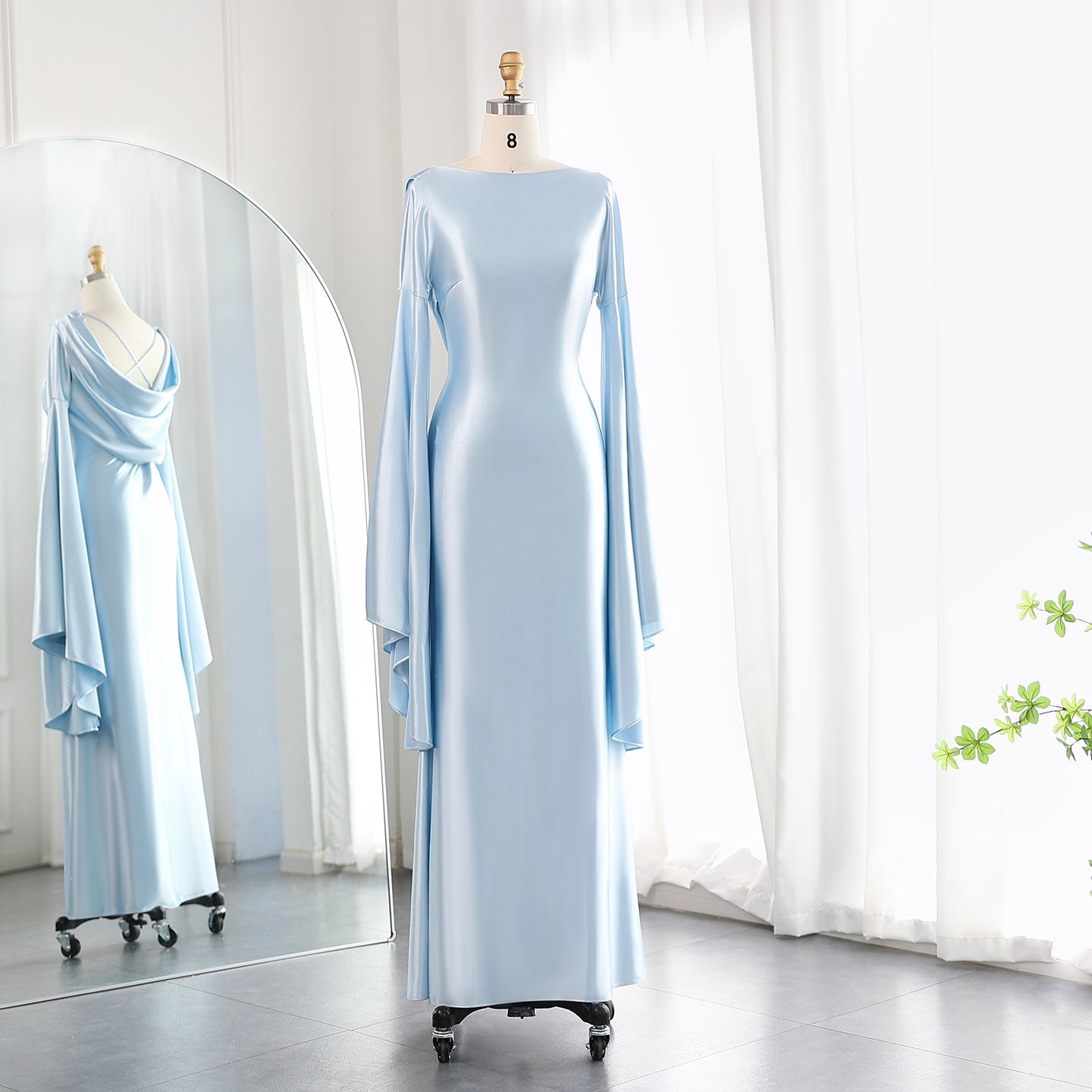 Light Blue Mermaid Evening Dress with Flare Long Sleeves SF027
