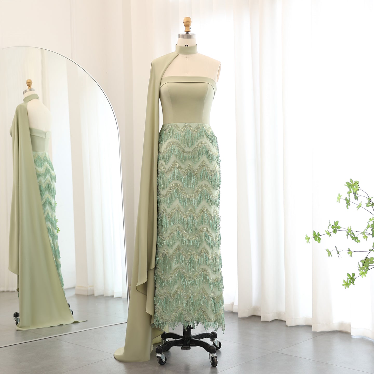 Blue Tassel Strapless Evening Dress with Cape Sleeve SS143
