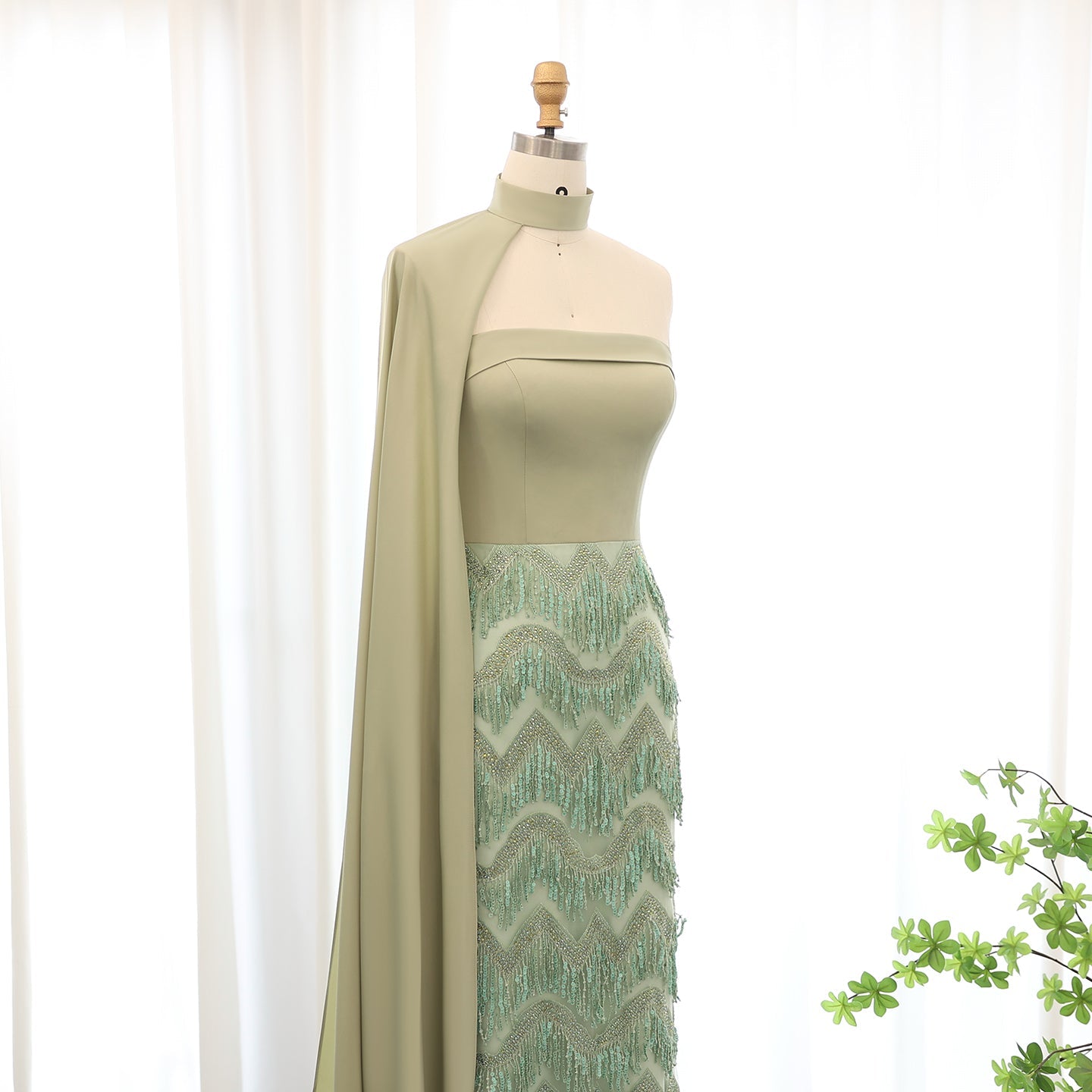 Blue Tassel Strapless Evening Dress with Cape Sleeve SS143
