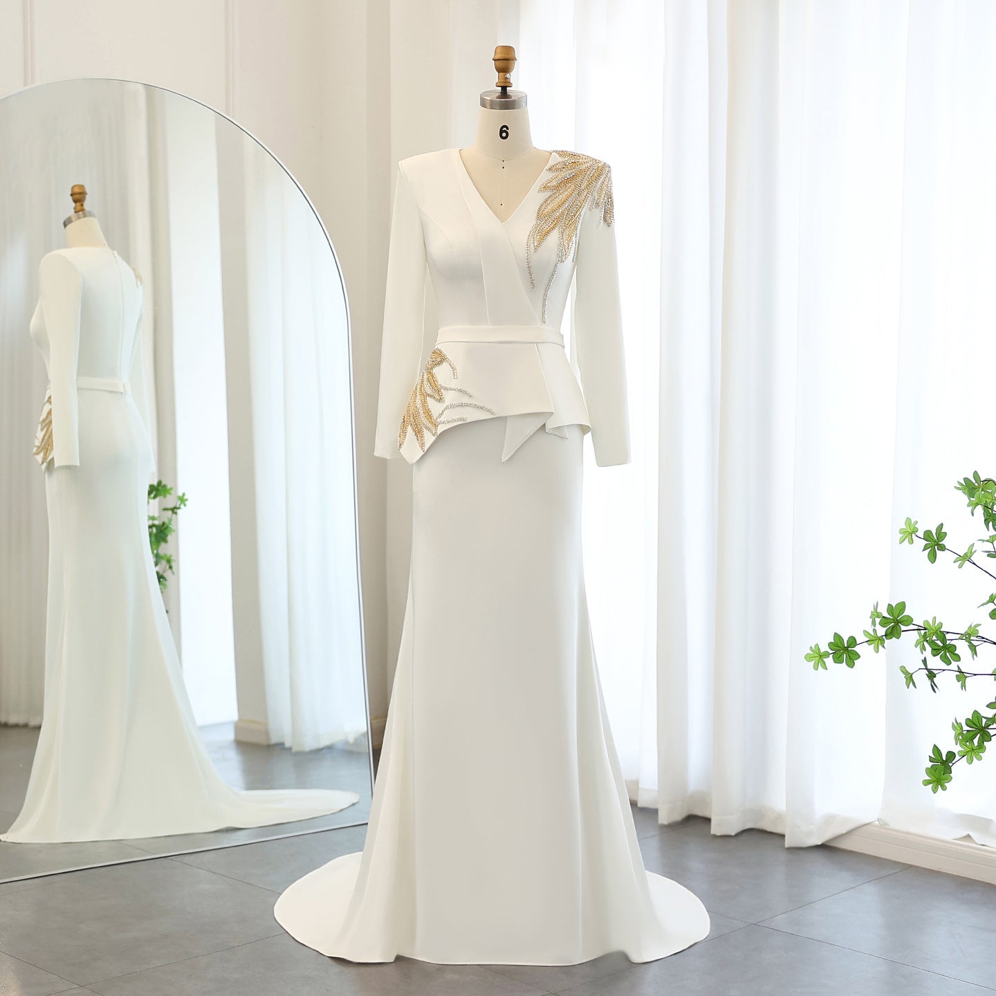 Elegant White Mermaid Evening Dress with Long Sleeves SF295