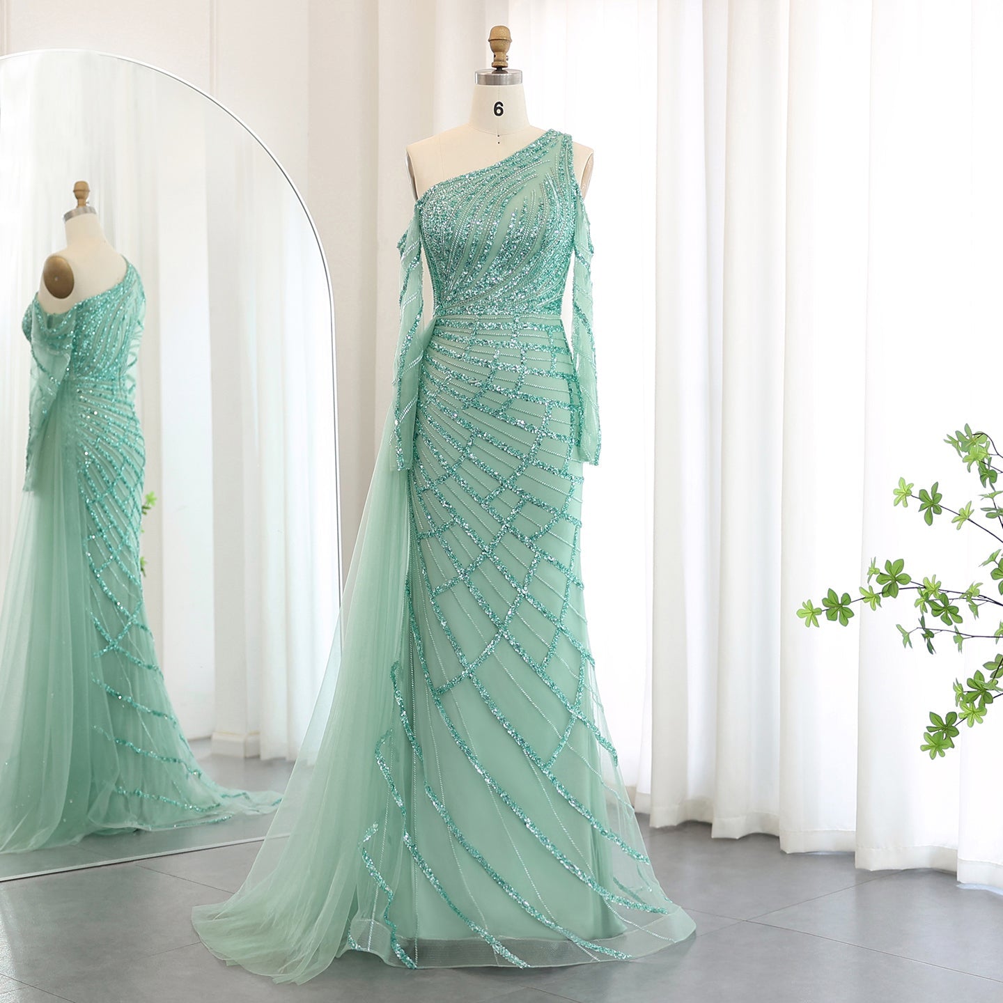 Emerald Green One Shoulder Evening Dress with Overskirt SS197