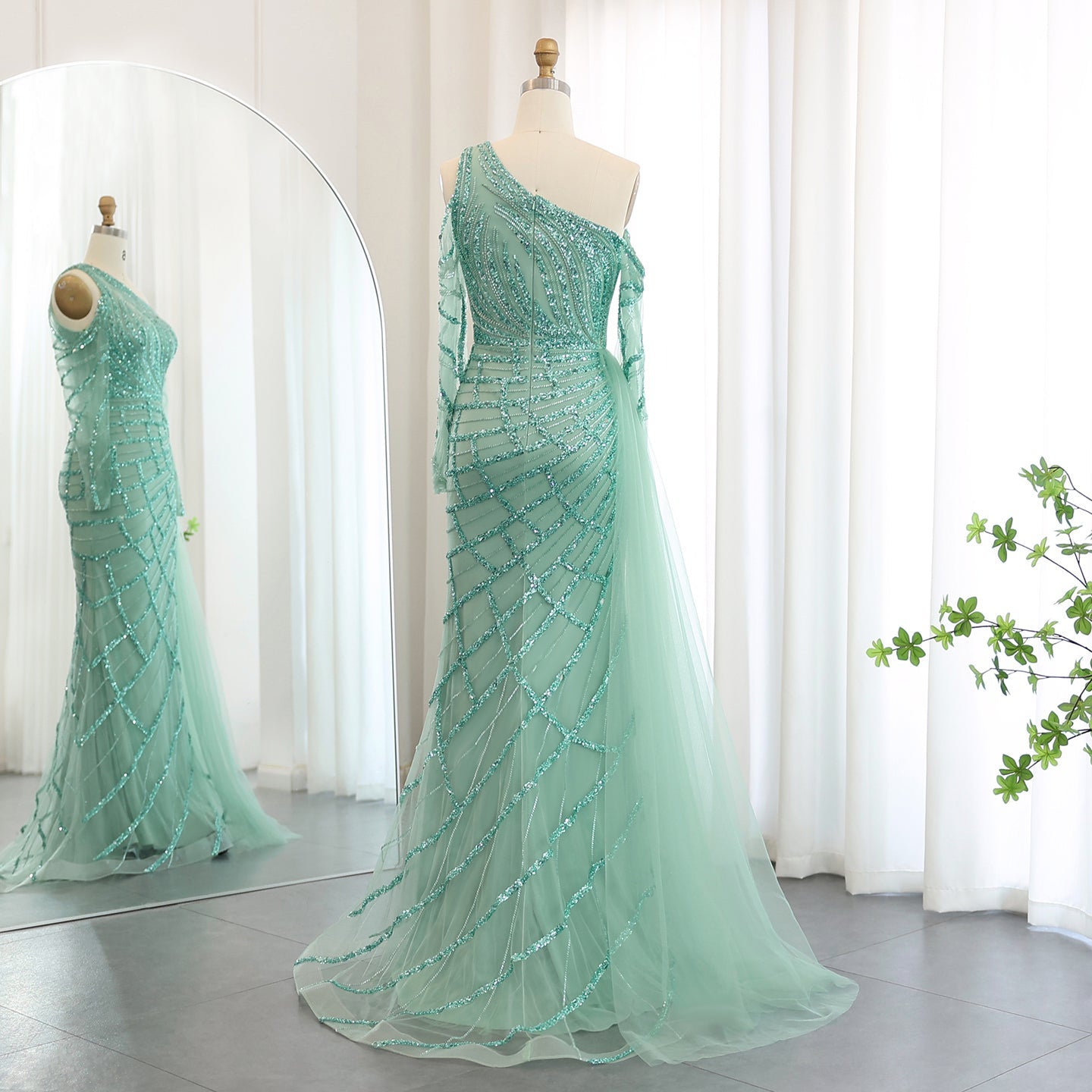 Emerald Green One Shoulder Evening Dress with Overskirt SS197