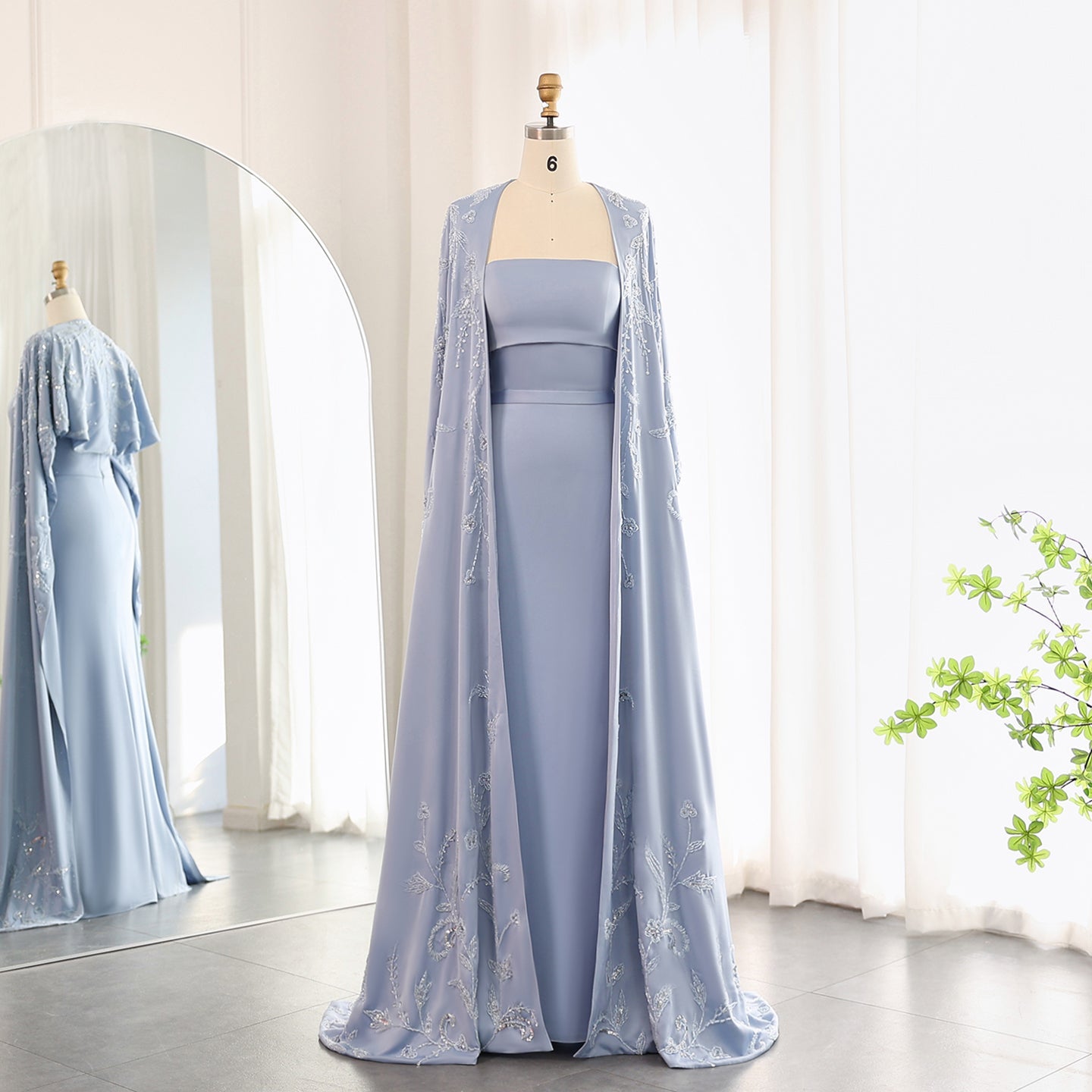 Elegant Blue Mermaid Evening Dress with Cape Sleeves SS407