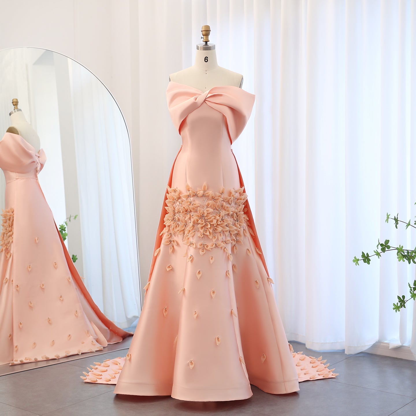 Luxury 3D Flowers Pink Off Shoulder Evening Dress SS464