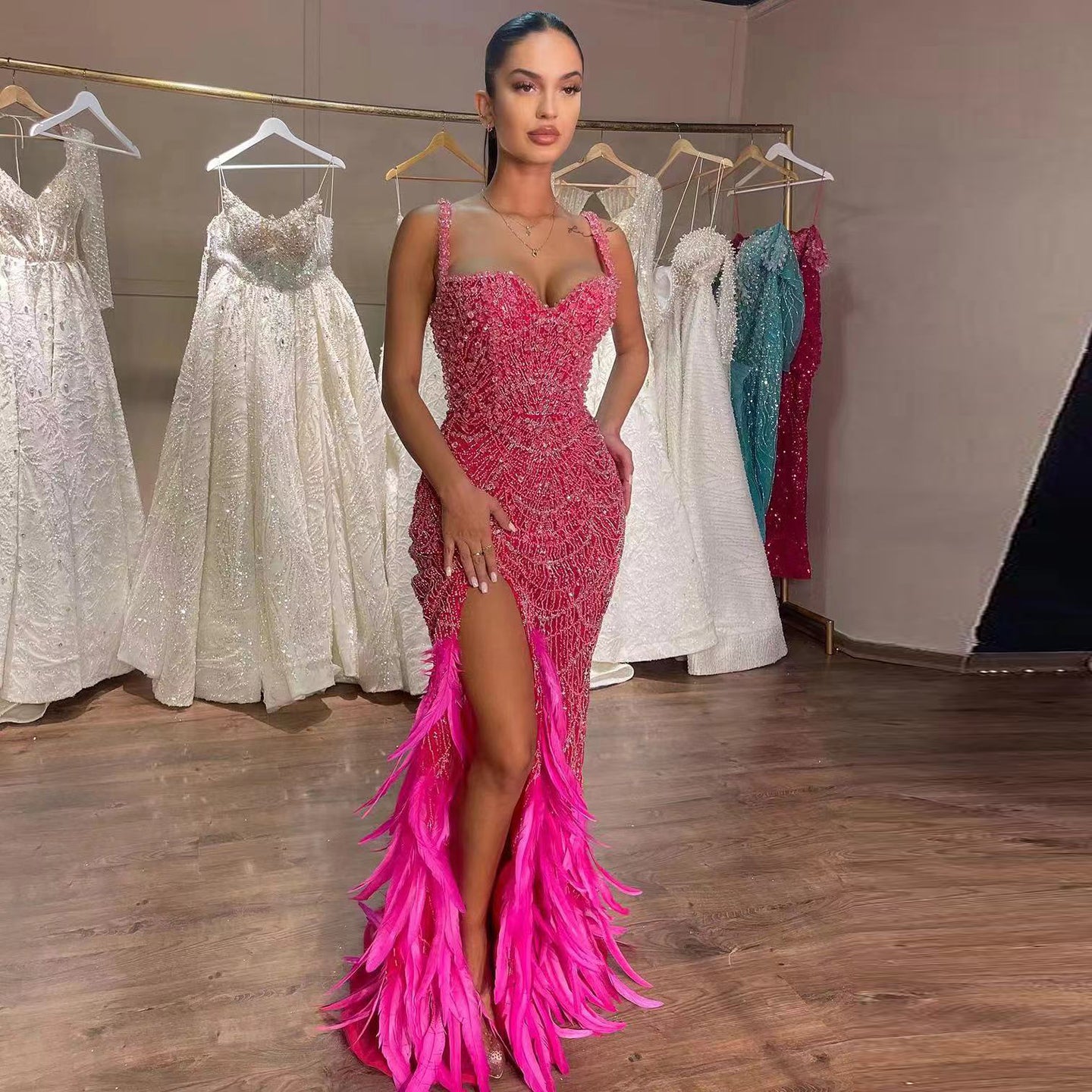 Luxury Hot Pink Feathers Mermaid Evening Dress with Slit SH579