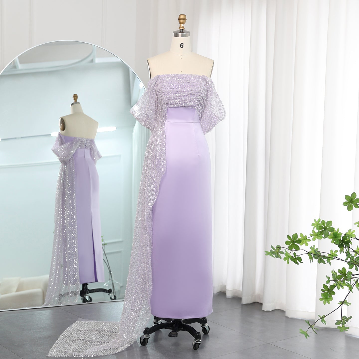 Elegant Off Shoulder Lilac Evening Dress with Overskirt SS340