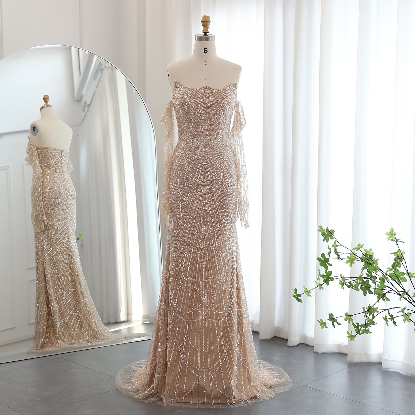 Luxury Beaded Green Mermaid Evening Dress with Gloves SS606