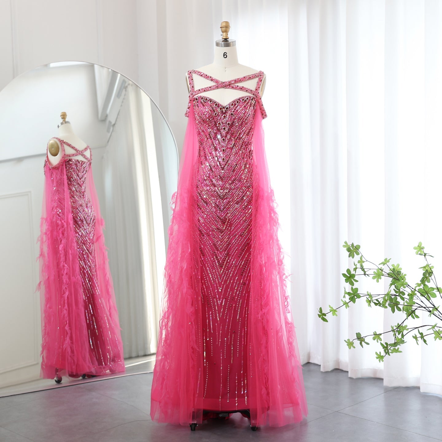 Luxury Fuchsia Evening Dress with Cape Sleeves SS468