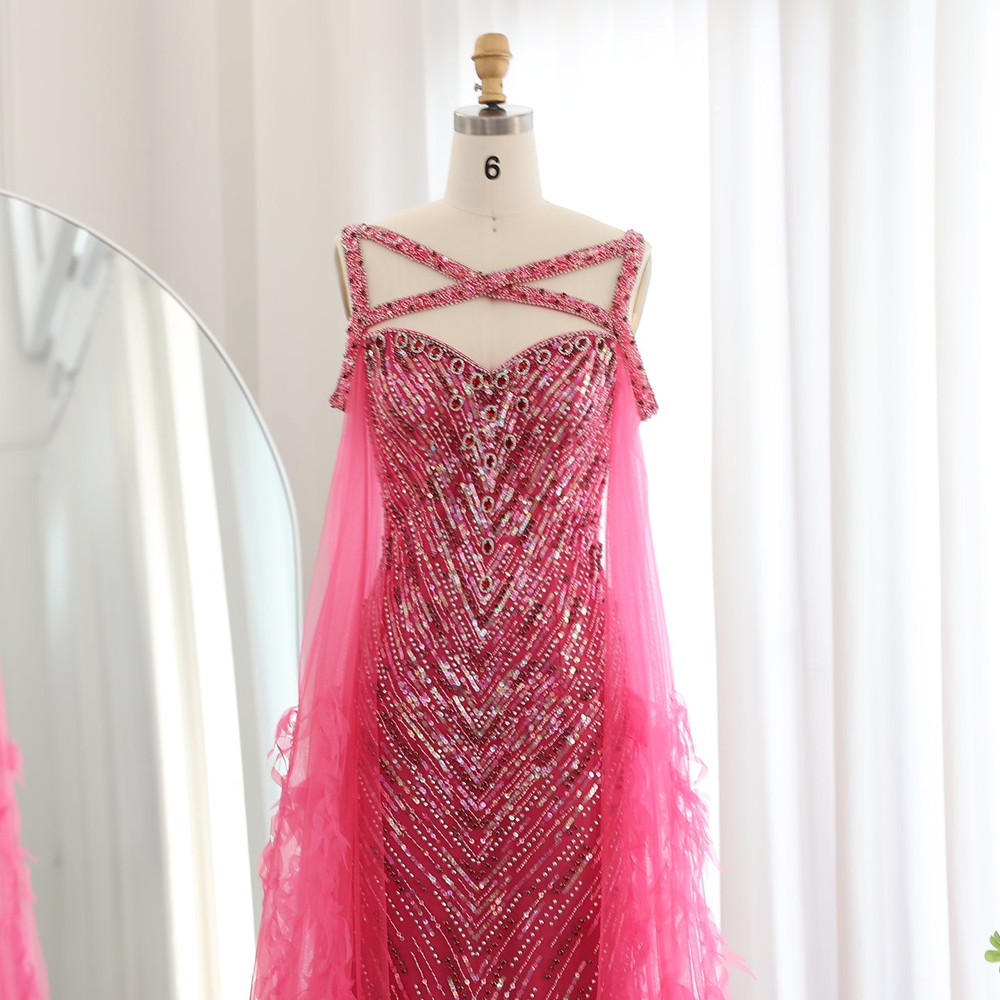 Luxury Fuchsia Evening Dress with Cape Sleeves SS468