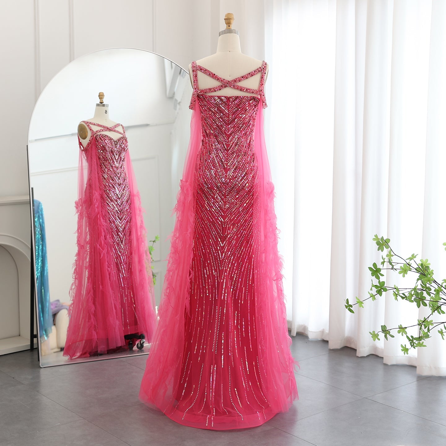 Luxury Fuchsia Evening Dress with Cape Sleeves SS468
