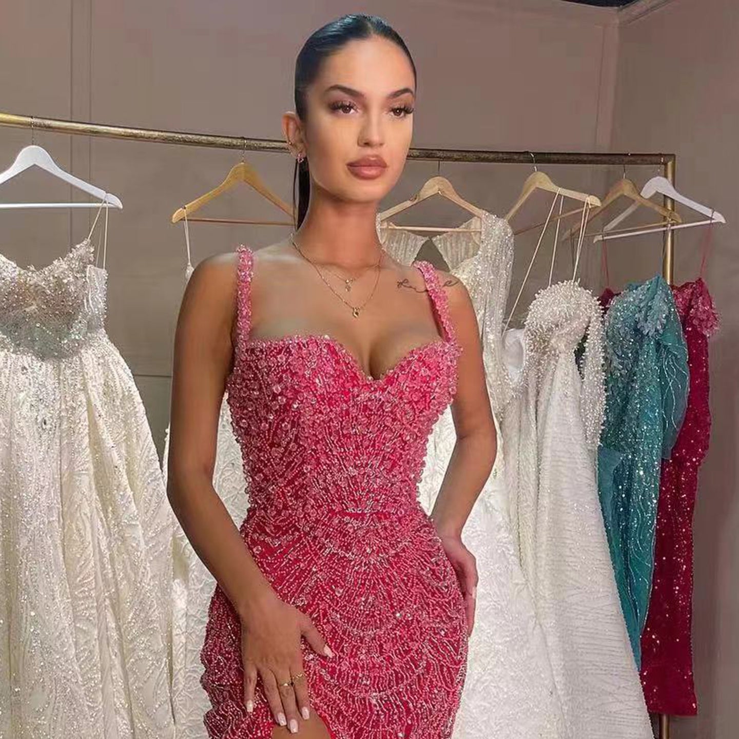 Luxury Hot Pink Feathers Mermaid Evening Dress with Slit SH579