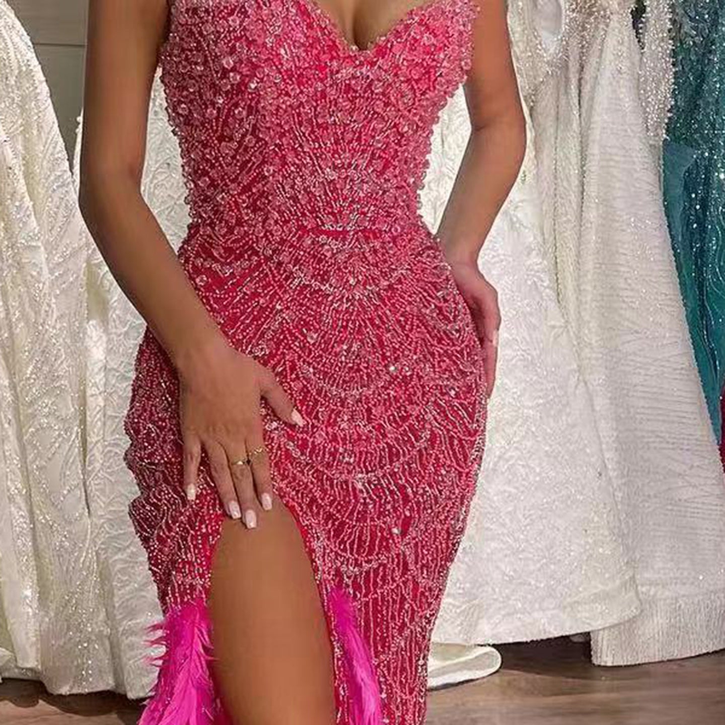 Luxury Hot Pink Feathers Mermaid Evening Dress with Slit SH579