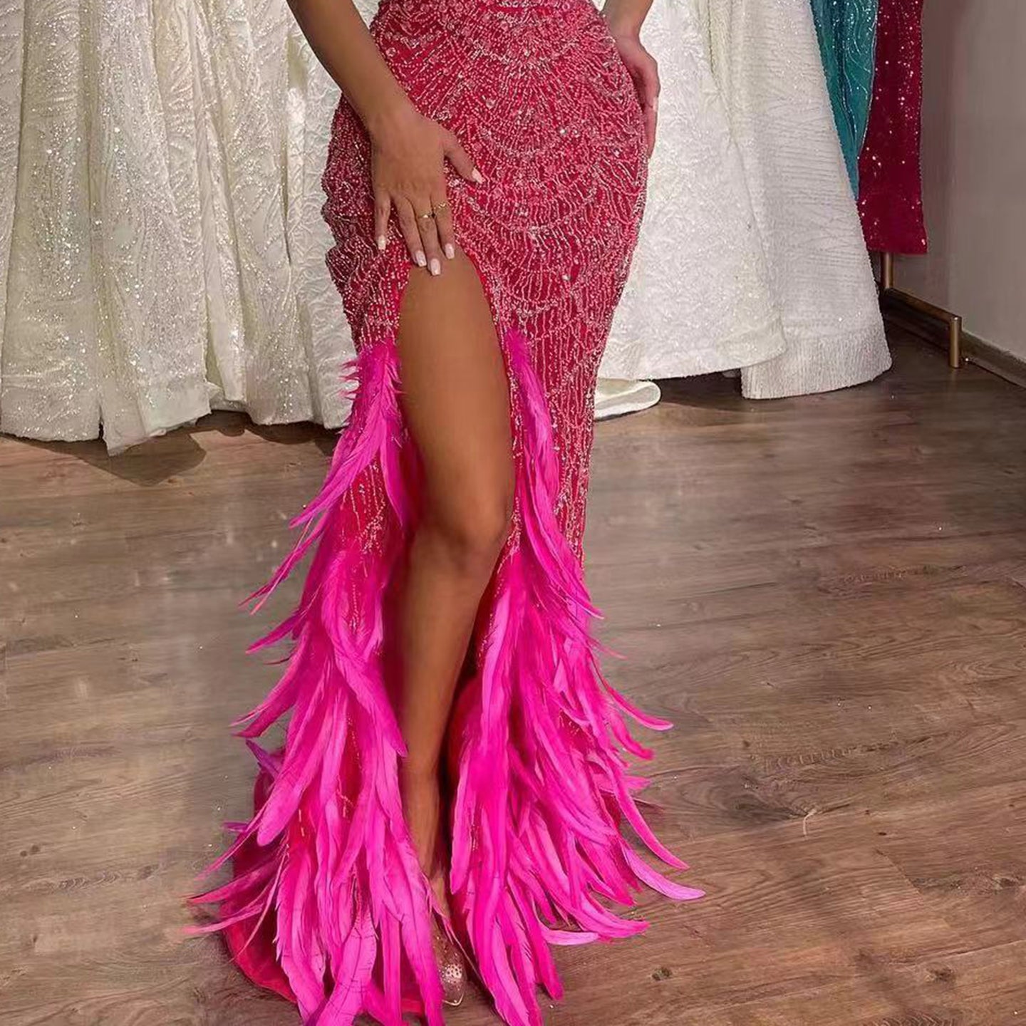 Luxury Hot Pink Feathers Mermaid Evening Dress with Slit SH579