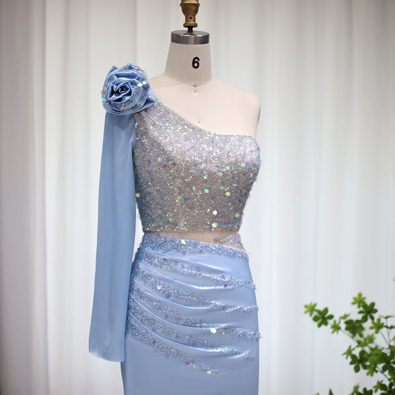 Luxury One-Shoulder Sequined Two-Piece Glam Party Gown RM006