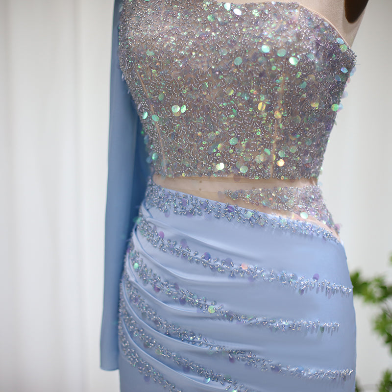 Luxury One-Shoulder Sequined Two-Piece Glam Party Gown RM006