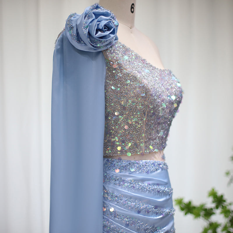 Luxury One-Shoulder Sequined Two-Piece Glam Party Gown RM006