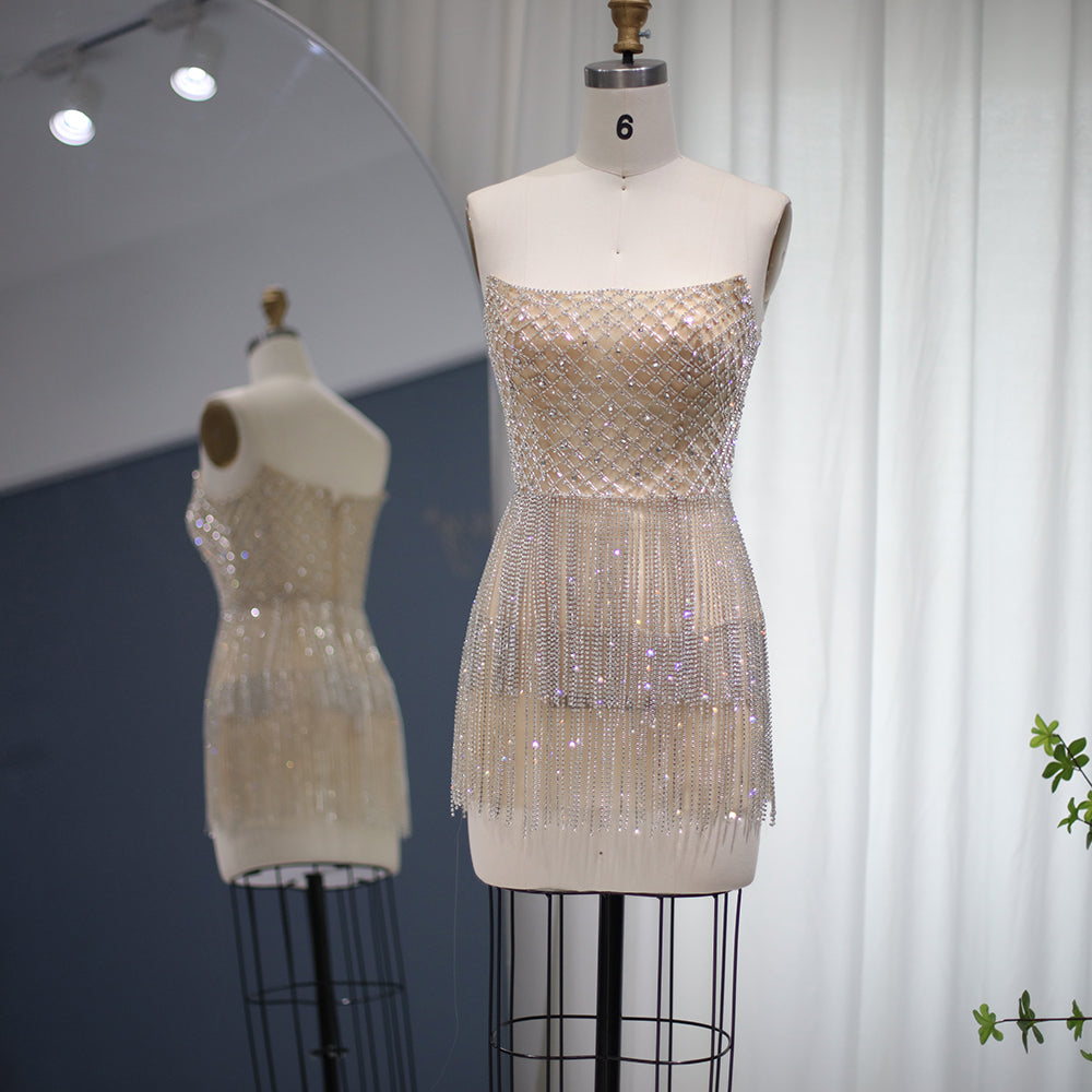Sparkly  Rhinestone Fringe Strapless Mini Party Gown RM040