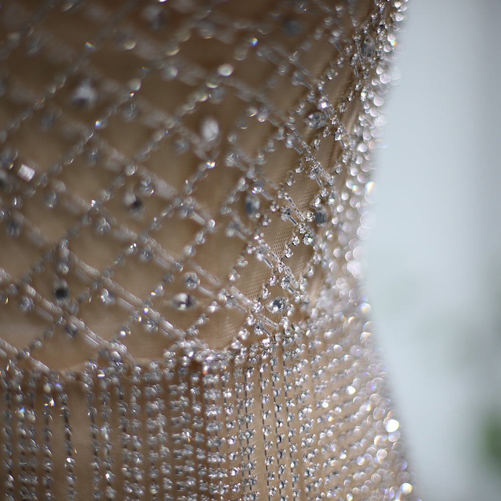 Sparkly  Rhinestone Fringe Strapless Mini Party Gown RM040