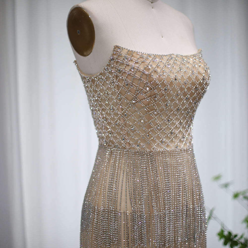 Sparkly  Rhinestone Fringe Strapless Mini Party Gown RM040