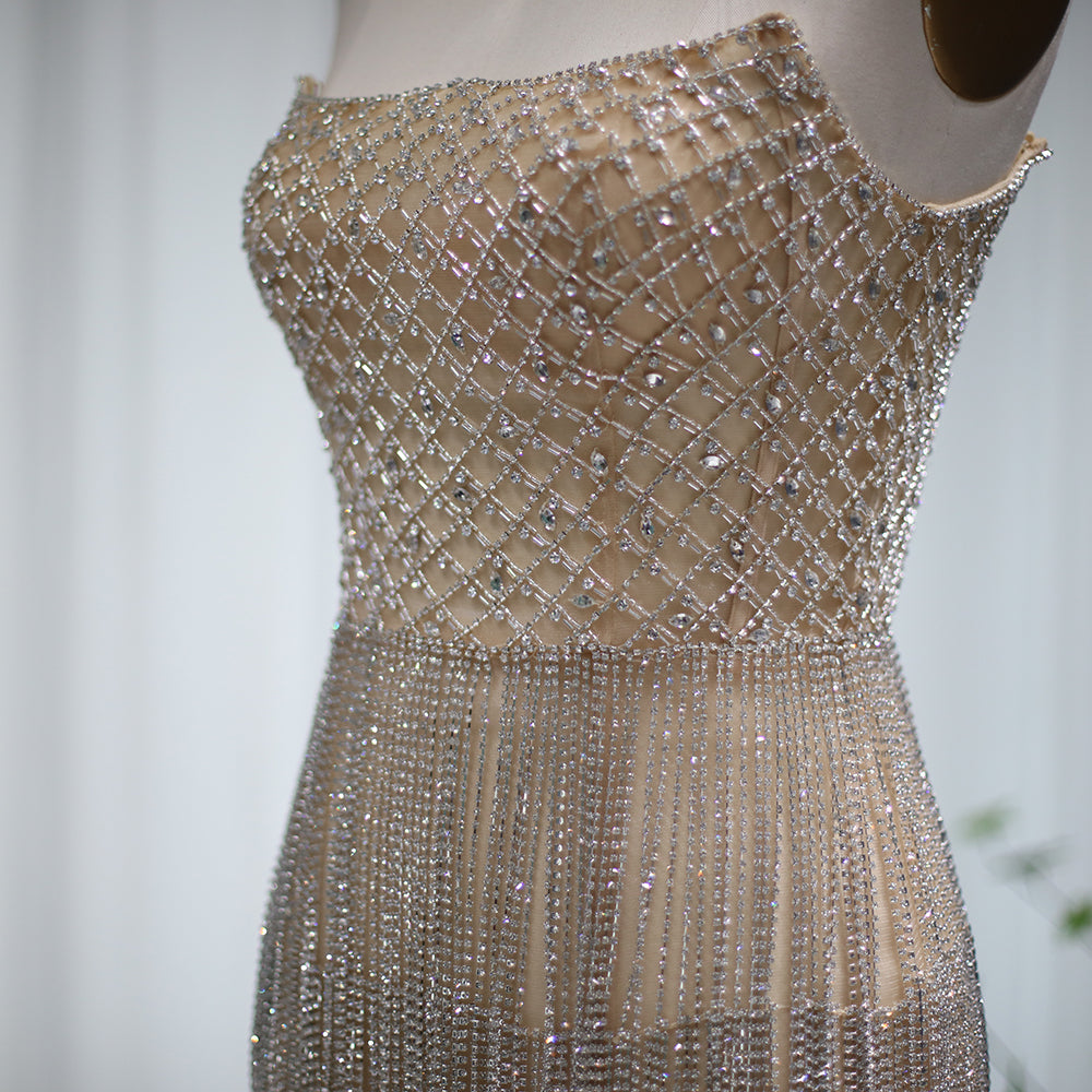 Sparkly  Rhinestone Fringe Strapless Mini Party Gown RM040