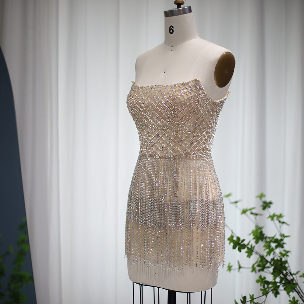 Sparkly  Rhinestone Fringe Strapless Mini Party Gown RM040