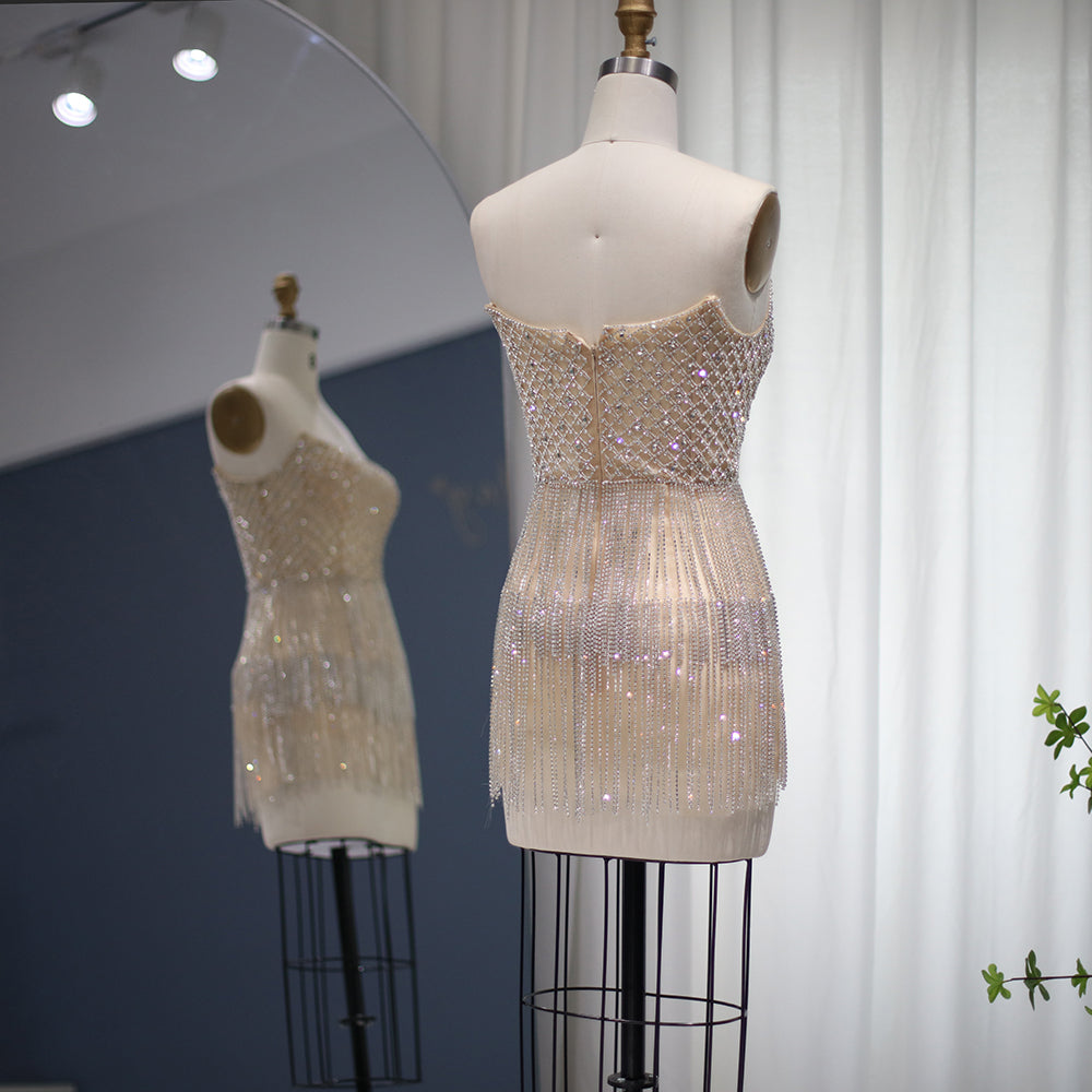 Sparkly  Rhinestone Fringe Strapless Mini Party Gown RM040