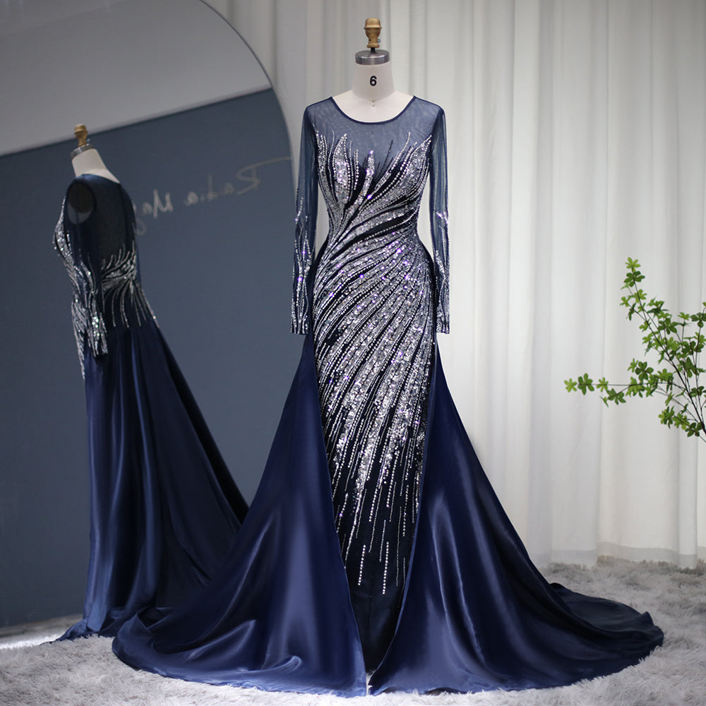 For Sale Luxury Blue Long Sleeves Mermaid Evening Dress with Overskirt SS305L