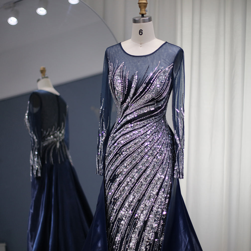 For Sale Luxury Blue Long Sleeves Mermaid Evening Dress with Overskirt SS305L