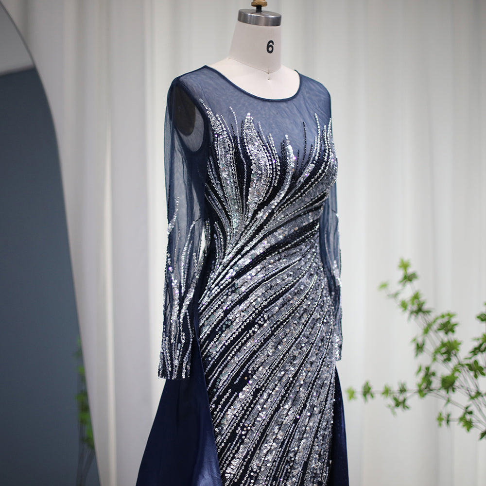 For Sale Luxury Blue Long Sleeves Mermaid Evening Dress with Overskirt SS305L