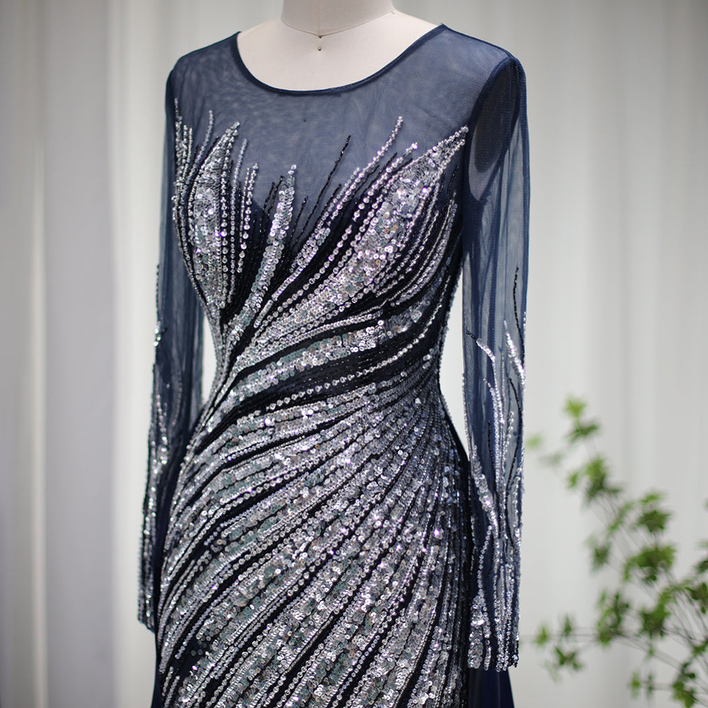For Sale Luxury Blue Long Sleeves Mermaid Evening Dress with Overskirt SS305L