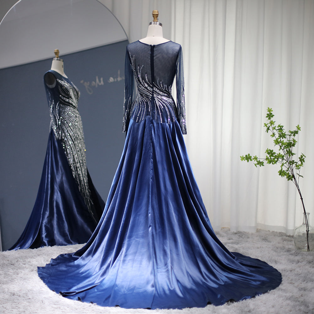 For Sale Luxury Blue Long Sleeves Mermaid Evening Dress with Overskirt SS305L