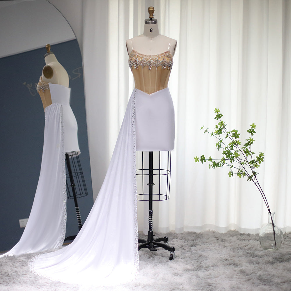 Sparkling Rhinestone Sheer Corset Mini Dress with Train RW001