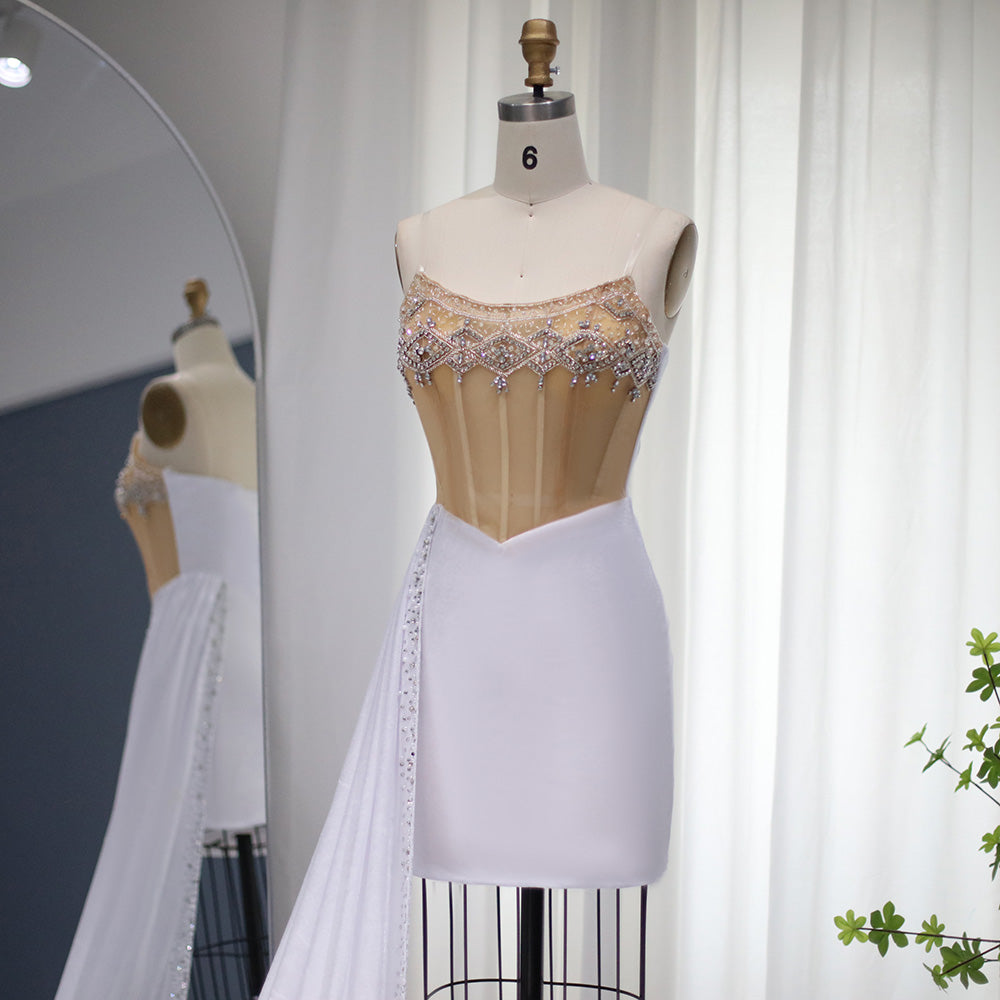 Sparkling Rhinestone Sheer Corset Mini Dress with Train RW001
