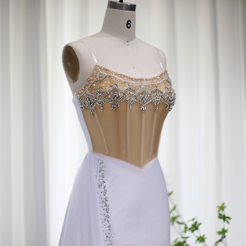 Sparkling Rhinestone Sheer Corset Mini Dress with Train RW001