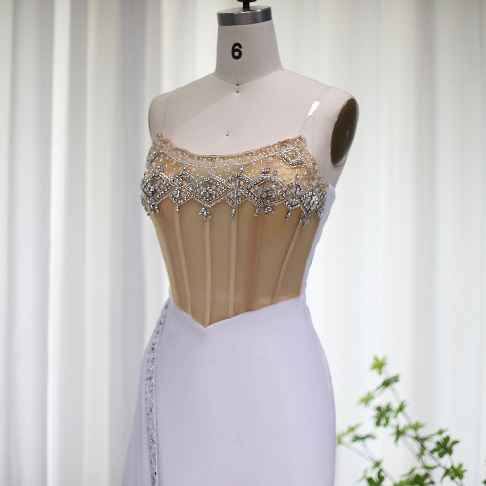 Sparkling Rhinestone Sheer Corset Mini Dress with Train RW001