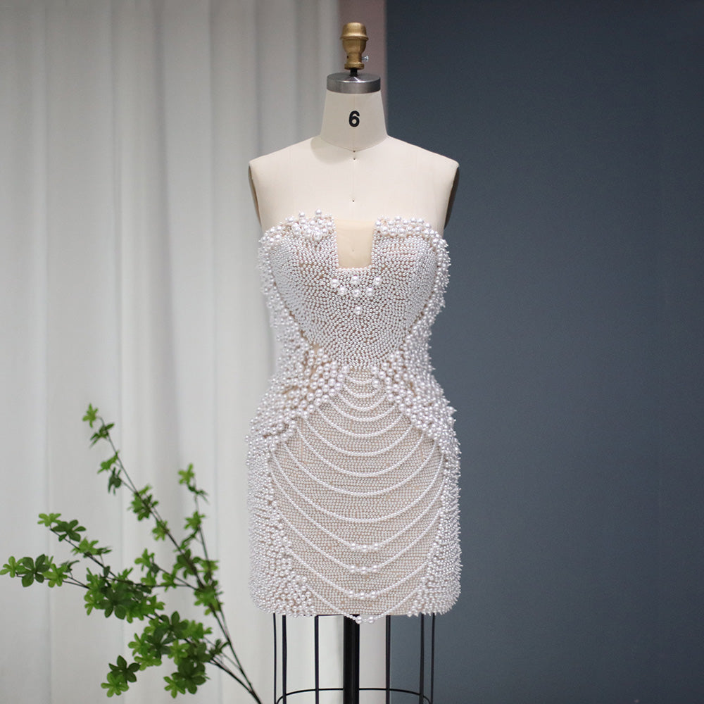 Elegant Pearl Beaded Strapless Mini Party Dress RM029