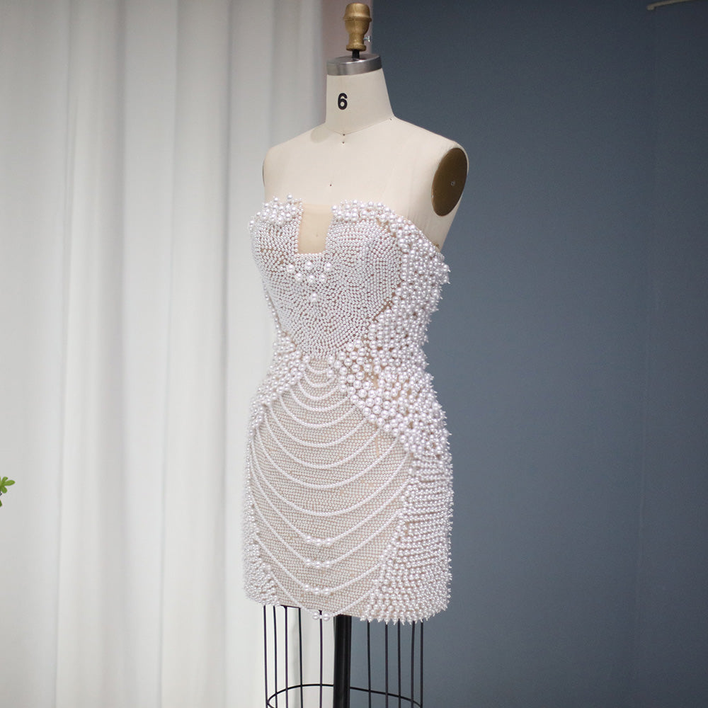Elegant Pearl Beaded Strapless Mini Party Dress RM029