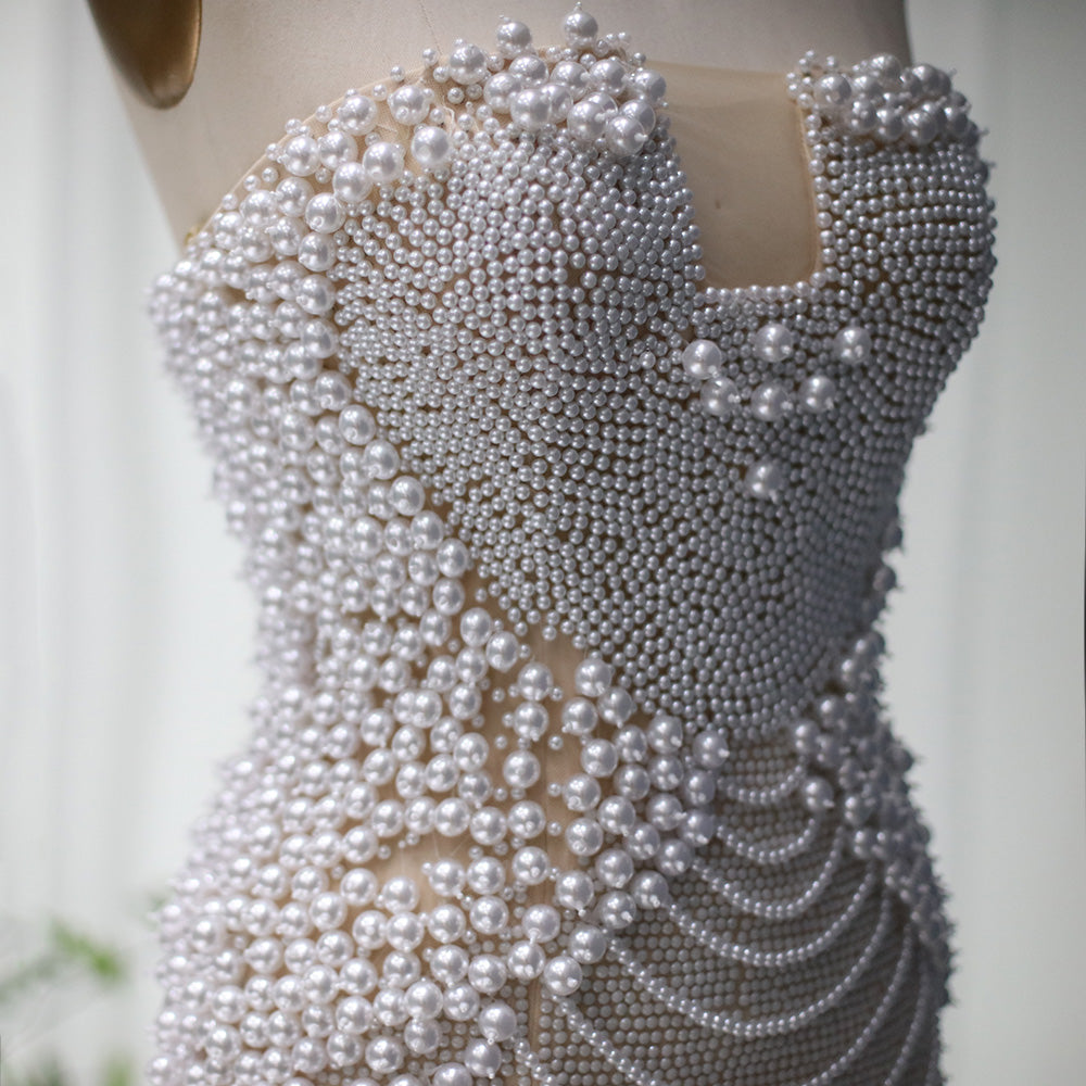 Elegant Pearl Beaded Strapless Mini Party Dress RM029