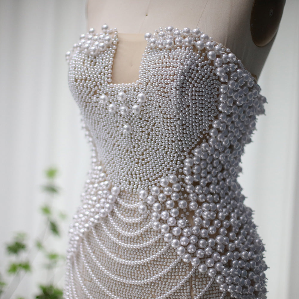 Elegant Pearl Beaded Strapless Mini Party Dress RM029