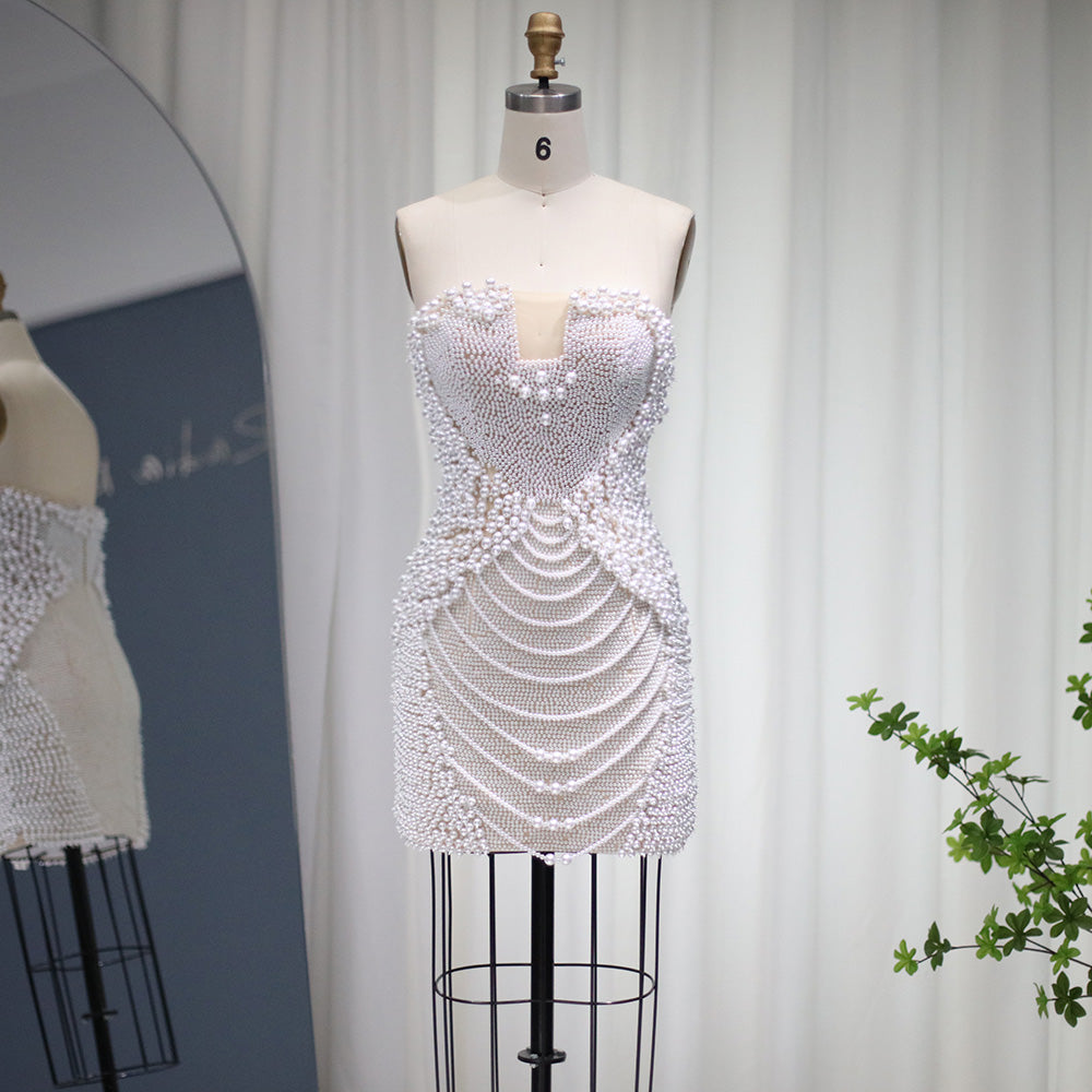 Elegant Pearl Beaded Strapless Mini Party Dress RM029