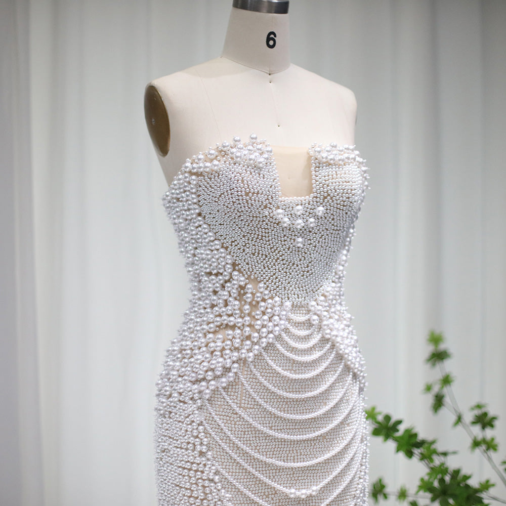 Elegant Pearl Beaded Strapless Mini Party Dress RM029