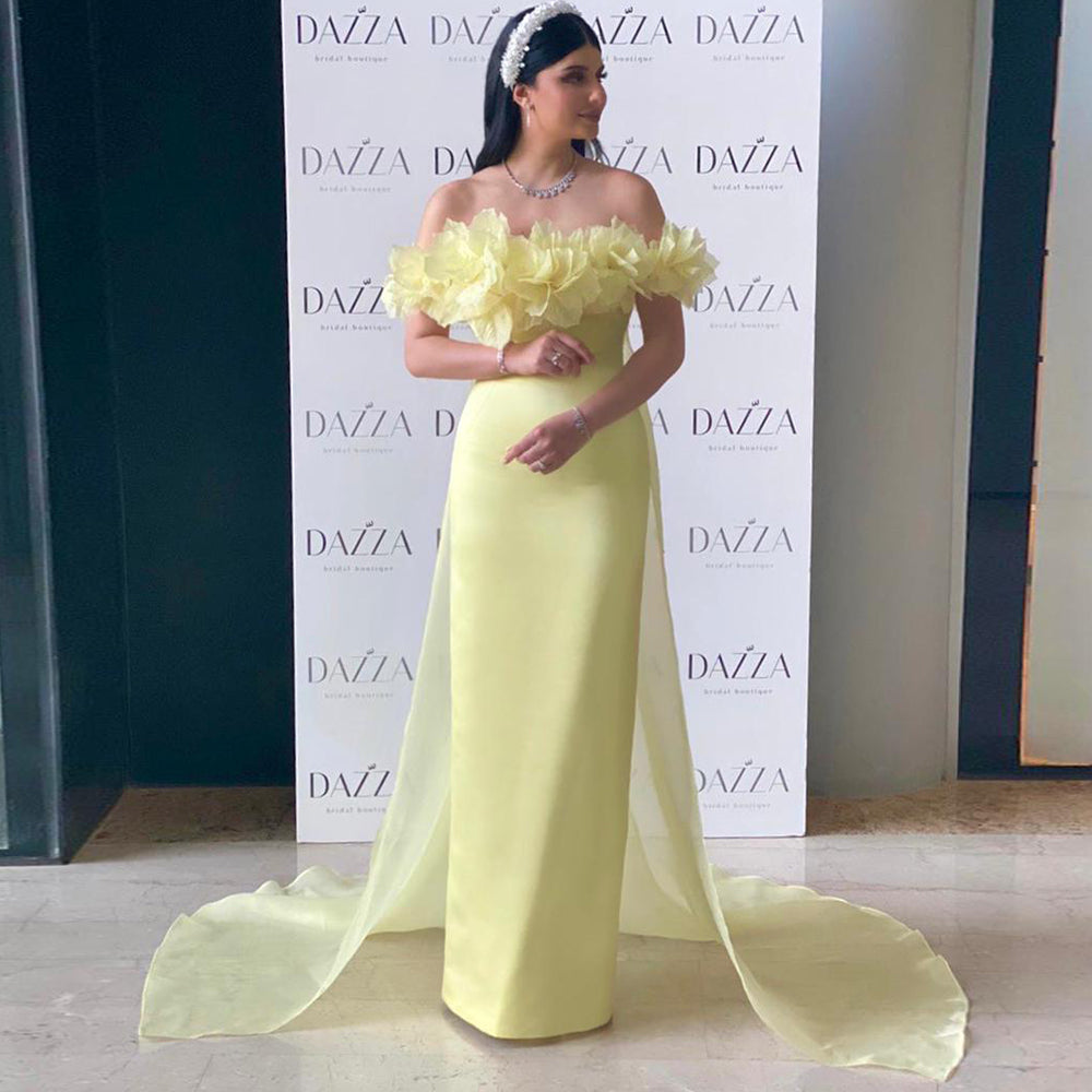 Elegant 3D Flowers Light Yellow Evening Dress with Overskirt SF013