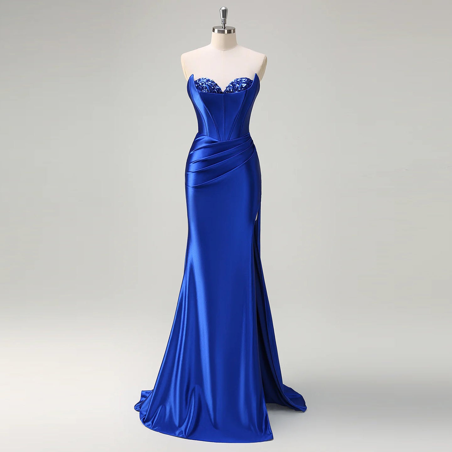 Teal Satin Sequined Sweetheart Neckline High Slit Mermaid Evening Gown SH015