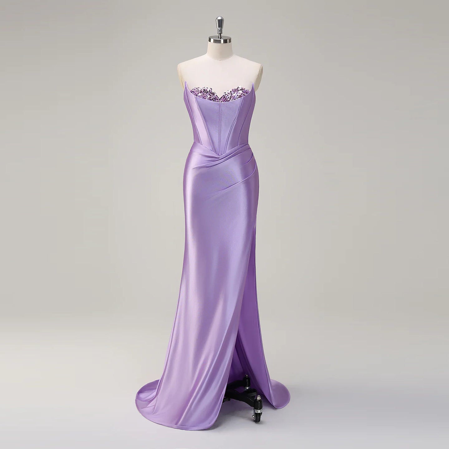 Teal Satin Sequined Sweetheart Neckline High Slit Mermaid Evening Gown SH015