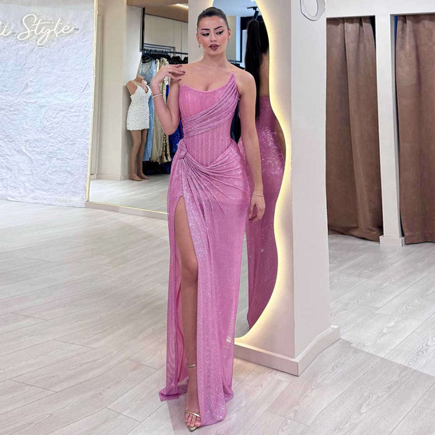 Elegant Pink Sequin One Shoulder Evening Dress with High Slit SH539