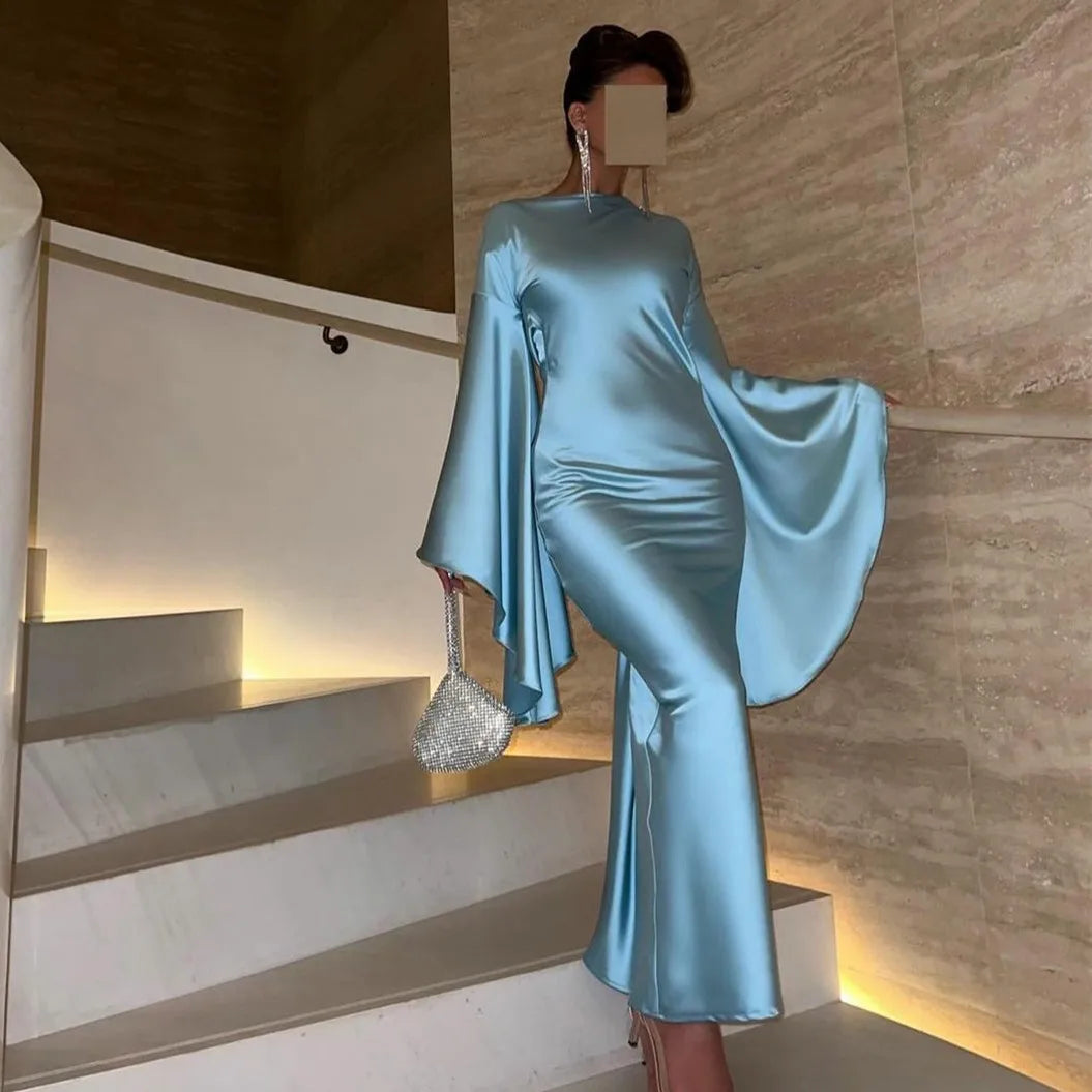 Light Blue Mermaid Evening Dress with Flare Long Sleeves SF027