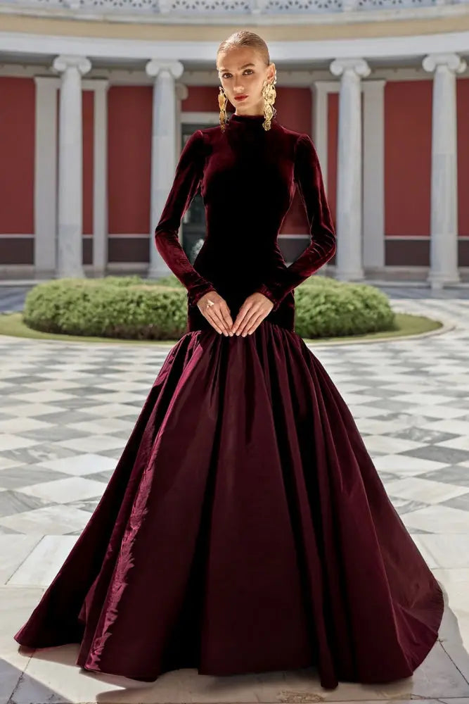 Burgundy Velvet Long Sleeve High Neck Ballgown Evening Dress SF441 – SHEER  FAIRY