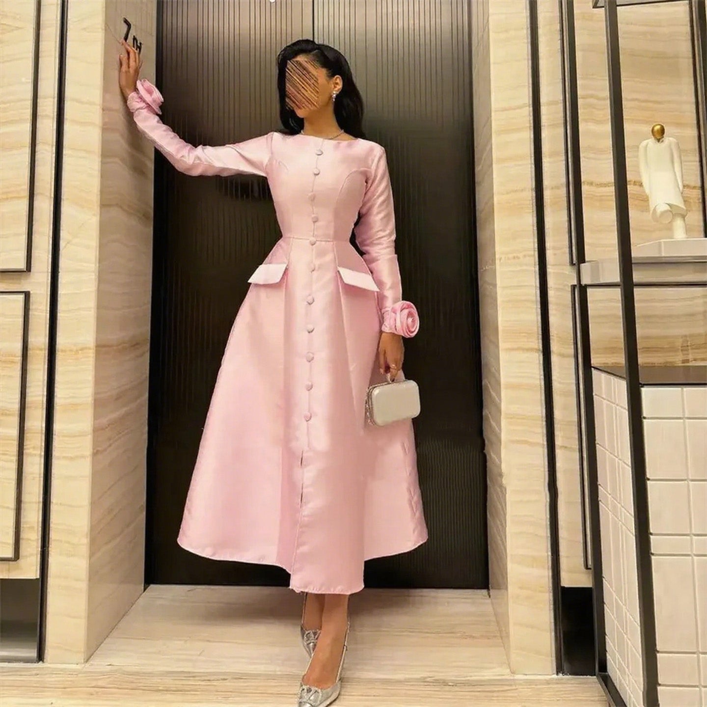Vintage Style Pink Satin Long Sleeve Midi Evening Dress SF279