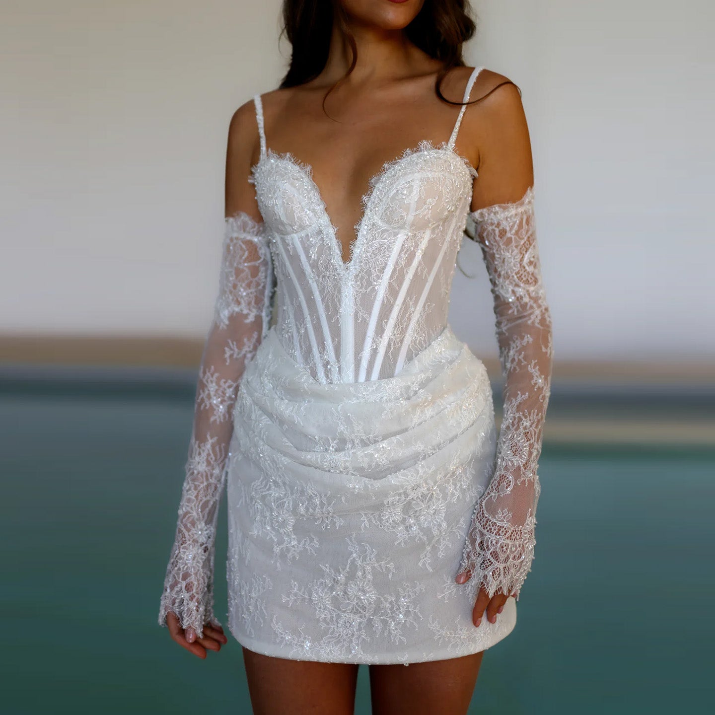 Elegant Romantic Lace Corset Mini Wedding Dress with Gloves SW088