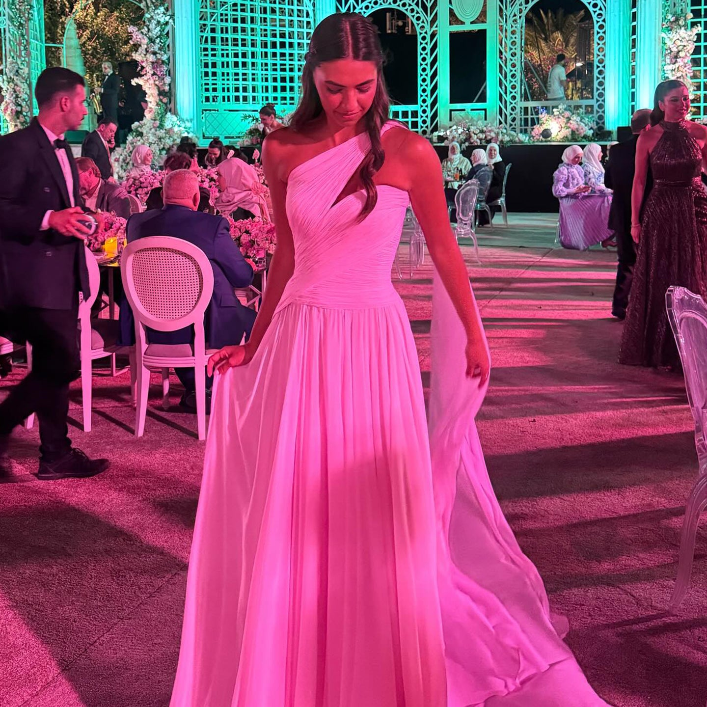 Elegant Light Pink One Shoulder Chiffon Evening Gown SF052